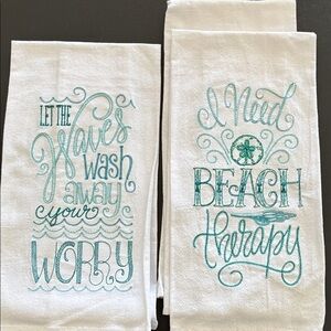 White and Teal Beach Themed Towels Embroidered Towels
